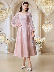 Modelyn 女士纯色蕾丝常规长袖优雅连衣裙 - 粉色 - 查看 2