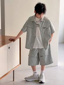 2件套儿童/青少年男童休闲韩版工装领短袖衬衫和纯色短裤套装，适合上学、花园、海滩、生日、春夏穿着。 - 綠色 - 查看 2