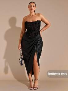 SHEIN BAE Plus Size Women's High Slit PU Ruched Skirt,Black,Winter,Elegant,Festa Chic Autumn Halloween Christmas Party Evening Wedding Guest New Fall Fashion - Black - View 7