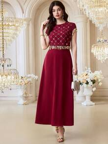 Al Najma Elegant Rhinestone Embellished Women's Arabic Style Dress - Burgundy - View 5