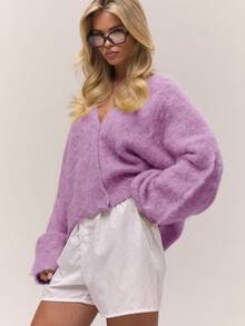 MUSERA Women Deep Purple Fuzzy Knit Loose Relaxed V Neck Button Down Cardigan,Autumn Casual Brunch Old Money Cottage Core Back To School Valentines Spring - Mauve Purple - View 2