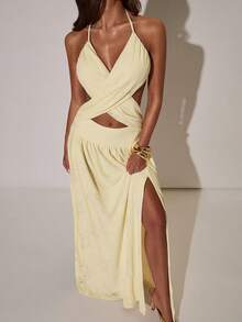 SHEIN BAE Women's Hollow-Out Overlap Back Sleeveless Long Yellow Textured Fabric Dress, Suitable For Spring/Summer Vacation, Beach, Gathering With Friends, Dating - Yellow - View 7