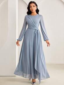 Veilorie Đầm dự tiệc cocktail phong cách Ả Rập cổ tròn thắt eo thiết kế ngọc trai giả trang trí thanh lịch cho nữ - Màu xanh lam - Xem 4