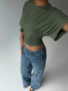 Aloruh Áo thun nữ cổ tròn tay cánh dơi xếp ly ngắn tay, màu trơn, kiểu dáng thường ngày - Màu xanh lá cây đậm - Xem 5