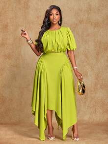 Brilight Bộ đồ hai mảnh kiểu dáng nghỉ mát biển dành cho nữ, gồm áo tay phồng nhún eo và chân váy maxi xếp ly bất đối xứng, hoàn hảo cho đi làm, nghỉ mát, lễ hội âm nhạc, câu lạc bộ và trường học. - màu xanh lá - Xem 6