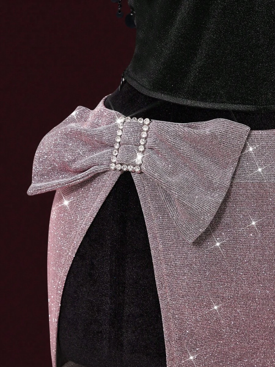 SHEIN ICON 闪亮布料蝴蝶结装饰侧开衩女式迷你裙 - 銀色 - 查看 1