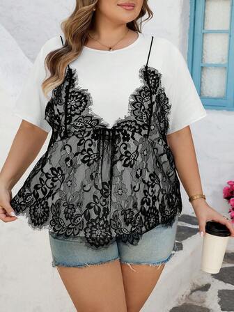 SHEIN CURVE+ 加大码/情人节/大码女式休闲优雅蕾丝拼接圆领短袖T恤，二合一上衣，情人节衬衫