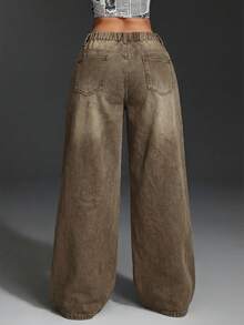 SHEIN Slayr Quần jeans ống đứng dáng rộng, thời trang thường ngày dành cho người có thân hình mũm mĩm. - Màu Khaki - Xem 3