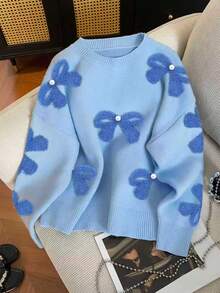 Resyla Casual Pearl Bow Beaded Crew Neck Sweater - Blue - View 3