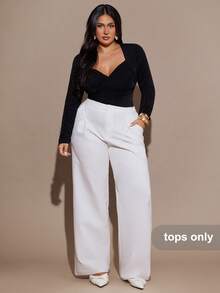 SHEIN BAE Bộ đồ liền thân dài tay màu đen cổ chéo xếp nếp cỡ lớn dành cho nữ - màu đen - Xem 5