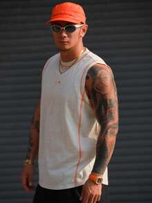 DAZY 男士宽松无袖背心，饰有花卉字母印花和撞色缝线，夏季款 - 淺灰色 - 查看 1