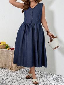 EMERY ROSE Đầm denim dáng rộng, màu trơn, không tay, cổ chữ V, thắt nơ, có túi. - Màu xanh lam - Xem 5