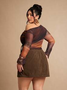 SHEIN BAE Plusstorlek Dam Enfärgade Asymmetriska Fållar A-linjeformade Corduroy Skorts - Kaffebrun - Visa 4