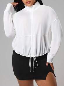Rhythm Era Plus Size Solid Color Minimalist Casual Long Sleeve Sports Jacket - White - View 7