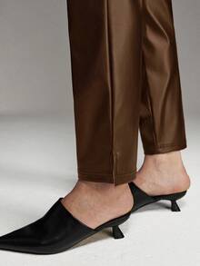 Ontre 女士PU皮革修身长裤，适合都市通勤、商务休闲、办公室穿着、优雅派对、婚礼宾客装扮、夏季、情人节、新年等场合，时尚休闲下装 - 棕色 - 查看 5