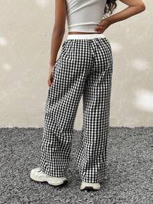 Tween Girls Winter/Spring Clothes, Streetwear, Black And White Plaid Baggy Straight Pants,Back To School , Homecoming,Back To School Clothes - Black and White - View 3