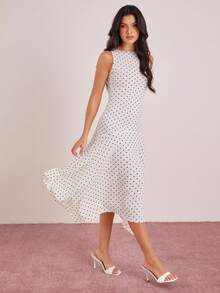 Enchnt 波点无袖圆领荷叶边下摆不对称下摆时尚连衣裙 - 米色 - 查看 5