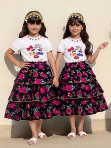 2pcs/Set Tween Girl Round Neck Puff Sleeve Colorful Rose Mask Print Top And Floral Print Cake Skirt, Suitable For Outings And Gatherings Skirt Set For Teens Skirt Set For Girls 2 Piece Sets Skirts Shirt With Skirt For Girls Printed Skirt - White - View 4