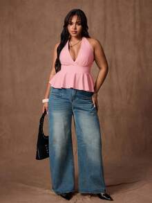 Rustia 大码女式纯色深V领荷叶边下摆休闲/工作吊带衫 - 粉色 - 查看 1