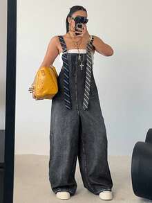 POPSWAY 大码女式牛仔布效果背带条纹撞色大口袋休闲街头风连体裤，适合度假、约会、派对、户外活动