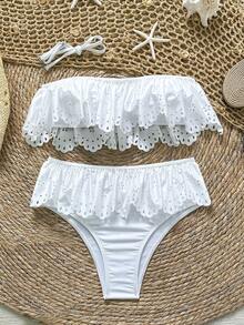 Swim Chiccia 2pcs Women's Swimsuit Set, Hollow Out Ruffle Trim White Shiny Bandeau Top And High Waist Bottoms, Elegant Bikini Swimwear - White - View 3