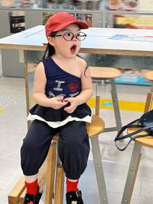 DAZY 女婴休闲宽松纯色荷叶边下摆两用裤装幼儿女童服装 - 藍色 - 查看 6