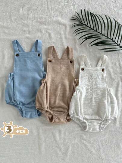 Vintaside Kids 3pcs Baby Boy Casual Versatile Bodysuit With Suspenders, Suitable For Summer, Indoor And Outdoor Vacation