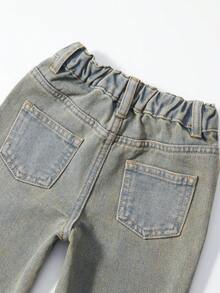 SHEIN 女童休闲牛仔夏季新品，浅蓝色牛仔布可爱动物印花宽松直筒牛仔裤，适合日常穿着和返校季。 - 淺色水洗藍 - 查看 6