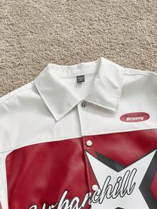 Manfinity Unisex Men's Woven Fashionable Casual Daily Loose Long Sleeve PU Leather Jacket, School, For Fall Winter, Couple Things - Red and White - View 4