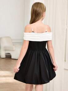 SHEIN 1pc Tween GirlsBlack & White Off-Shoulder Dress With Detachable Big Bow, A-Line Skirt With Butterfly Decor, Fashionable & Personalized, Suitable For Indoor/Outdoor, Party, Daily Wear, Spring/Summer - Multicolor - View 2