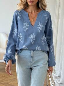 SHEIN LUNE 女士休闲撞色刺绣落肩波西米亚风长袖衬衫，春夏休闲上衣，适合女士度假、夏季休闲穿着，也适合春假、海滩度假、休闲上衣、外出上衣和夏季上衣。 - 藍白色 - 查看 5