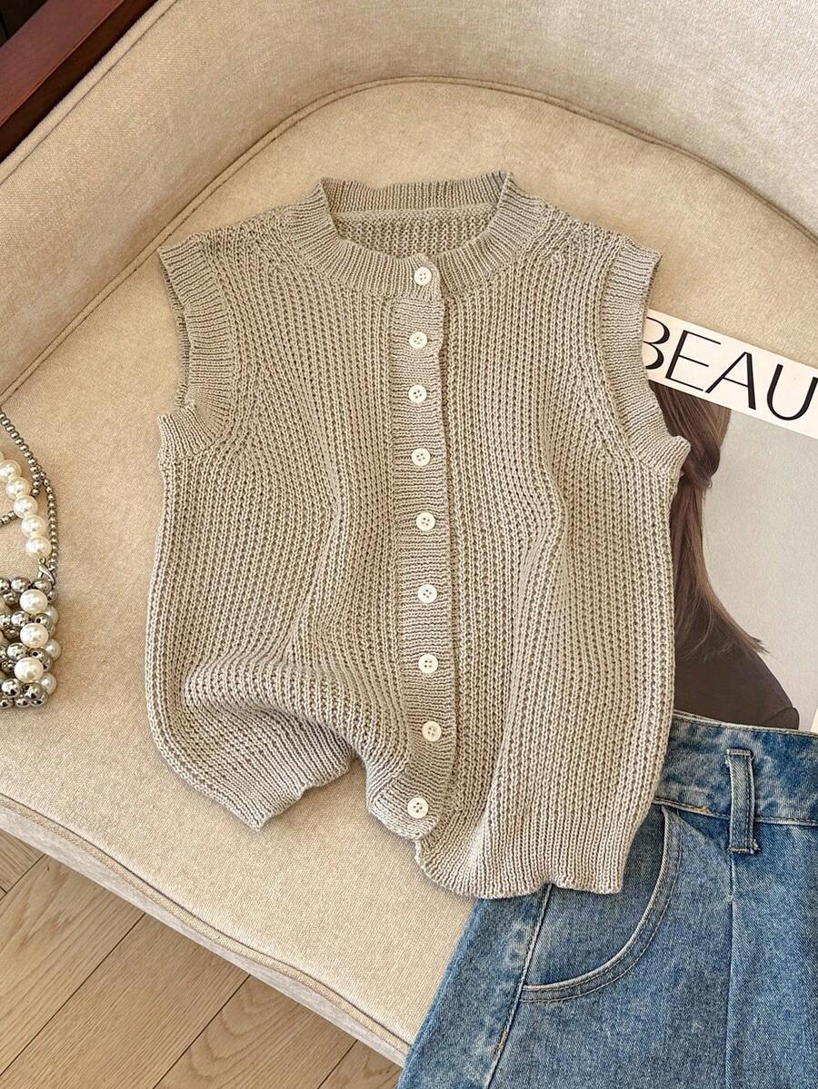 Franclia 女士百搭简约时尚通勤毛衣背心 - 灰色 - 查看 1