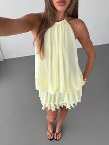 Aloruh Women's Sleeveless Pale Yellow Backless Chiffon Mini Dress - Light Yellow - View 6
