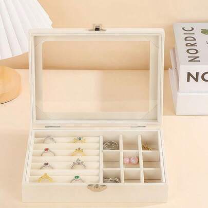 1pc Multi-Grid Jewelry Storage Box, Modern Fabric Dust-Proof Jewelry Box For Desk Valentine Day Back To School