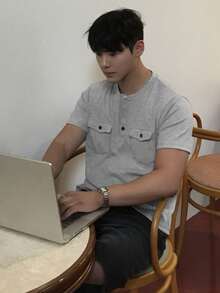 DAZY Men's Summer Pocket Design Round Neck Half-Placket T-Shirt - Grey - View 6