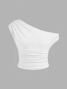 SHEIN 少女不对称斜肩无袖侧褶皱修身短款T恤 - 白色 - 查看 2