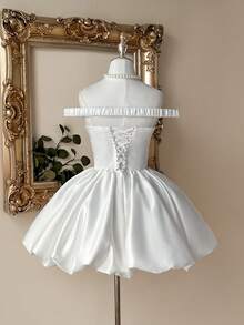 Lovelzi Elegant, Romantic, Fashionable White Satin Off Shoulder Ruffle Hem Dress, Suitable For Singles Party, Wedding, Graduation, Vacation, Afternoon Tea, Bridal Shower