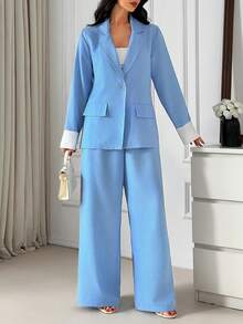 EURMUSE Ensemble deux pièces pour femmes en lin, veste blazer et pantalon - Bleu ciel - Voir 4