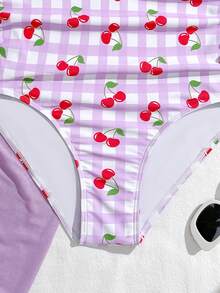 SHEIN Bộ đồ bơi liền thân cho bé gái tuổi teen 13-16 tuổi, họa tiết kẻ caro tím và quả anh đào, kèm váy voan mỏng, kiểu dáng ngọt ngào, thời trang cho kỳ nghỉ biển của các bạn nữ. - Nhiều màu - Xem 6