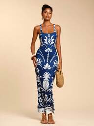 Travachic Blå & vit blommig semesterklänning med elegant linne