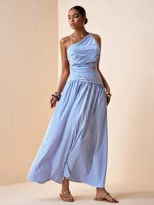 Zivah 2026 Spring/Summer New Arrival Music Festival, Easter, St. Patrick's Day, Valentine's Day, Date, Western, Nomadic, Birthday Party, Graduation, College, Student, Daily Casual, Basic Versatile, Leisure, Vacation, Cruise Travel, Beach, Sunbathing, Viral , Streetwear, Wedding Guest Boho, Commute, Brunch, Airport, Party, Holiday Outing, Office Wear Sleeveless Asymmetric Waist Hollow A-Line Long Striped Print Maxi Dress Blue Striped Dress - Blue - View 5