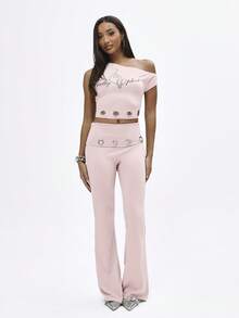 BABYPHAT One Shoulder Eyelet Detail Crop Top With Script Print And Grommet Hem Detailing - Pink - View 6