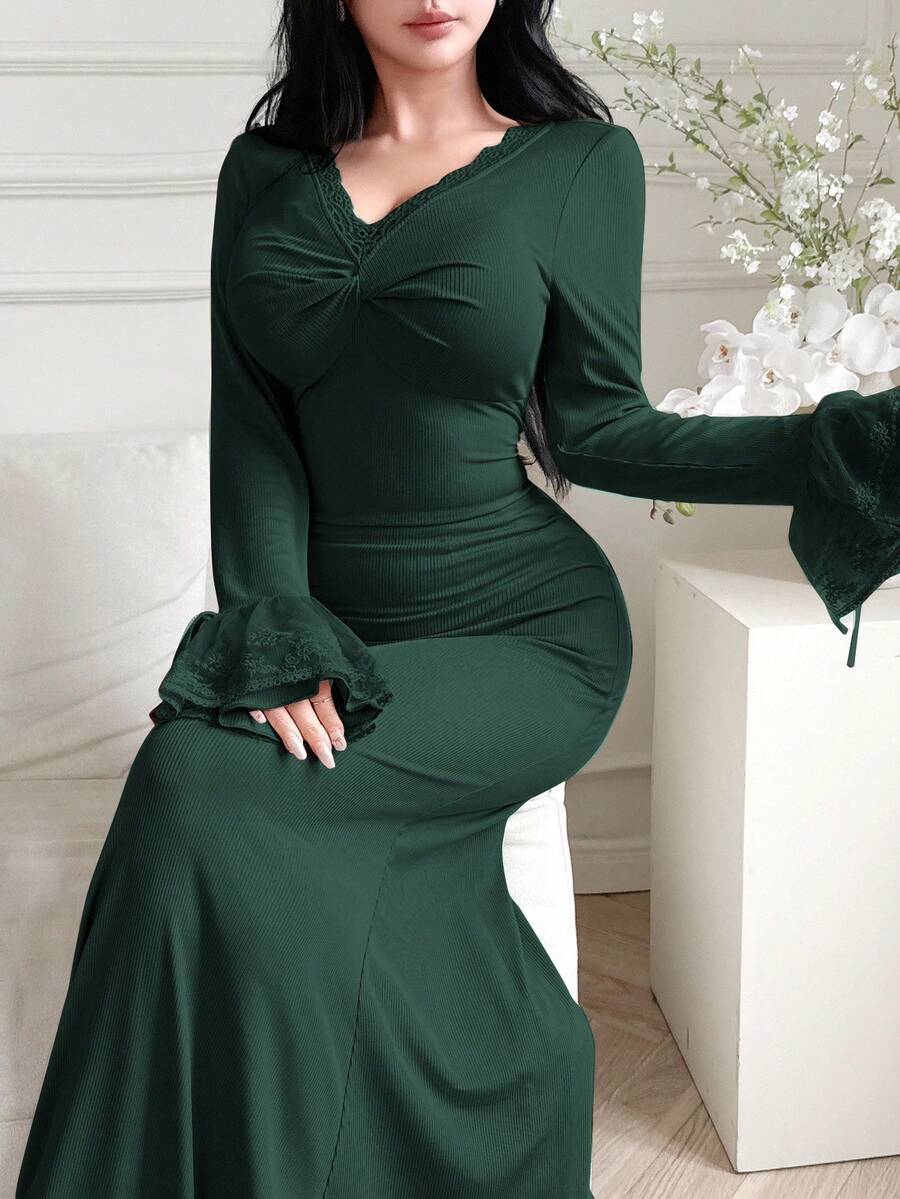 Feyla Women's Solid Color Fitted V-Neck Long Sleeve Dress With Lace Trim Elegant Dresses For Women Lace Trim At The Neckline And Cuffs; Long-Sleeved, Dark Green Dress That Accentuates The Figure. - Dark Green - View 1