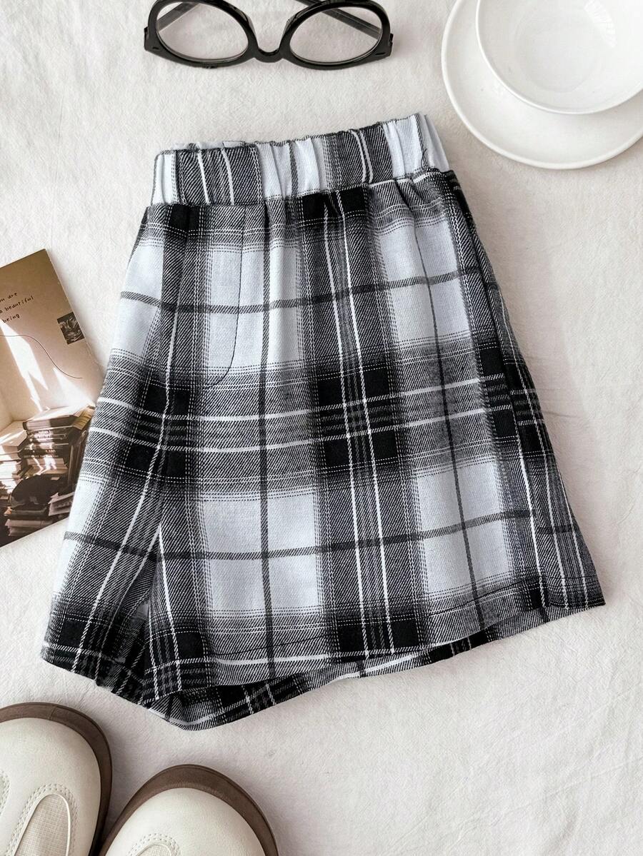 SHEIN Quần short dệt kim kẻ caro dáng casual dành cho bé gái tuổi teen. - Đen và trắng - Xem 1