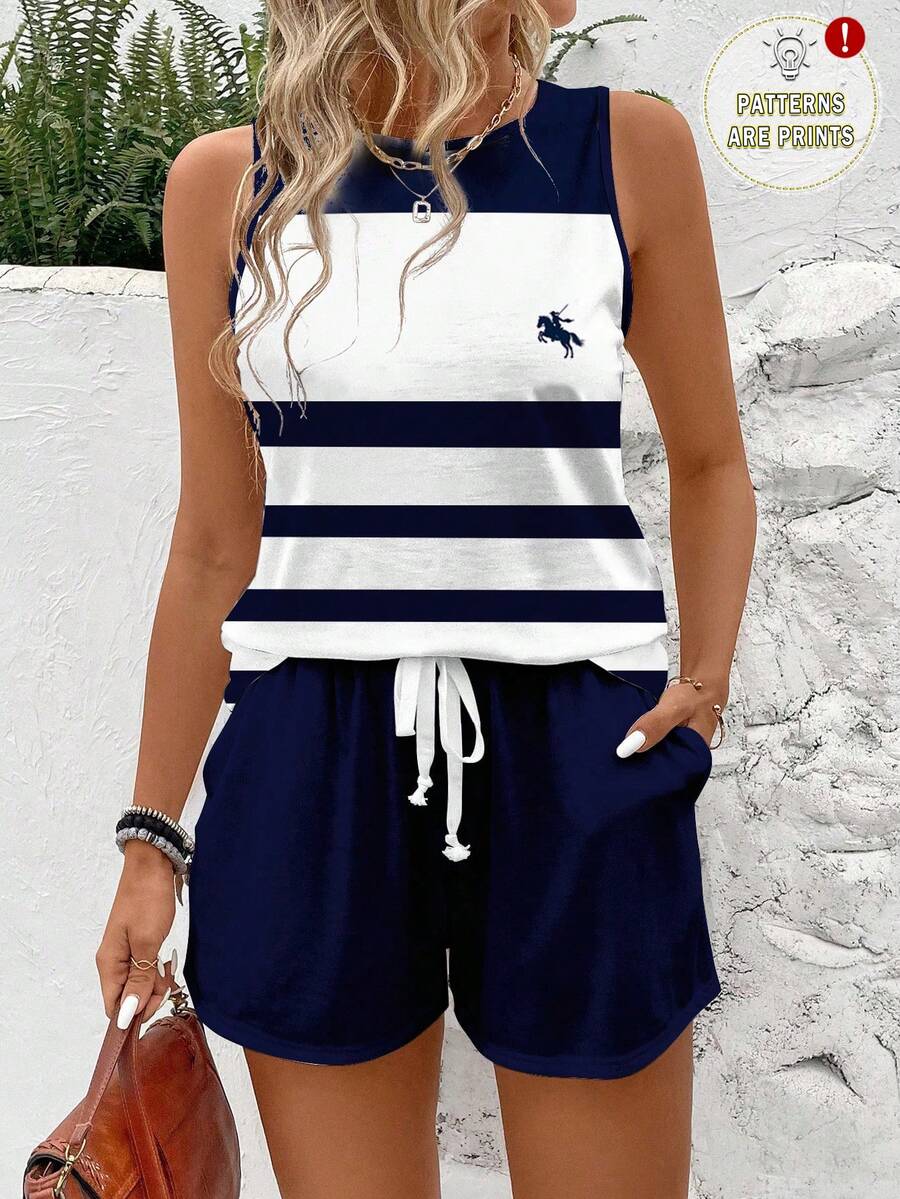 SHEIN LUNE Women's Casual Horse Print Striped Round Neck Tank Top And Shorts 2 Pieces Set, Suitable For Summer Spring - Multicolor - View 1