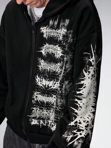 ROMWE MEN Men's Gothic Letter Print Zip-Up Casual Loose Hoodie Sweatshirt - Black - View 3
