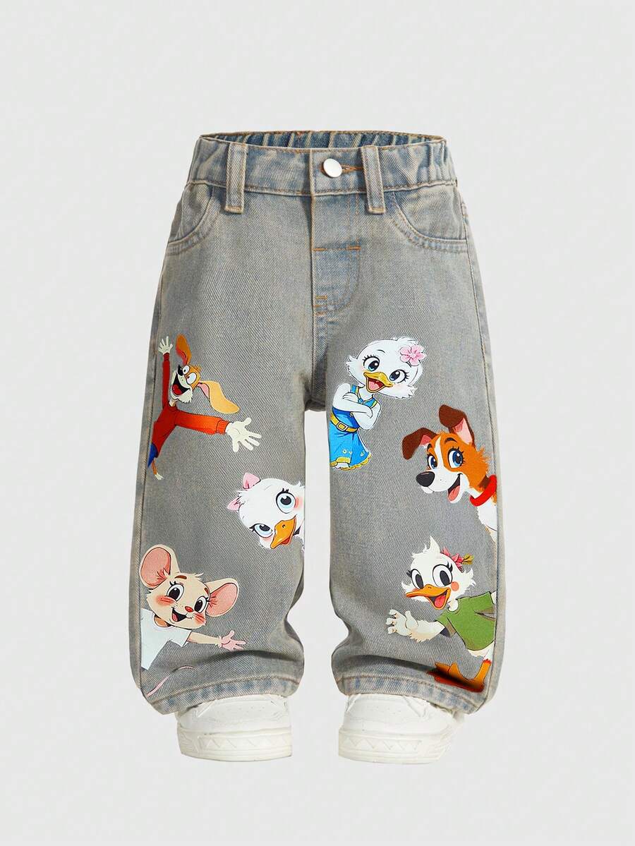 SHEIN 女童休闲牛仔夏季新品，浅蓝色牛仔布可爱动物印花宽松直筒牛仔裤，适合日常穿着和返校季。 - 淺色水洗藍 - 查看 1