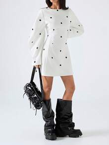 LYSMO 2026 New Arrive Minimalism Spring/Summer Women's Round Neck Long Sleeve Polka Dot Fashionable Minimalist Mini Dress - White - View 5