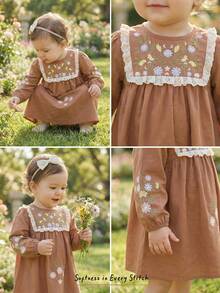 Loomiva Gaun Smock Rayon Cokelat Karat Lucu untuk Anak Perempuan Muda dengan Bordir Tanaman dan Lengan Bishop Panjang, Potongan Midi Mengembang, Leher Bulat - Rust Brown - View 4