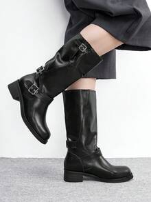 CUCCOO BIZCHIC 女士时尚百搭通勤搭扣中筒靴 - 黑色 - 查看 4